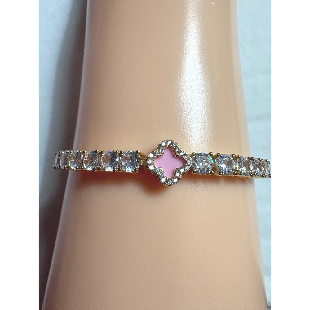 Gold Tone Pink Clover Tennis Bracelet Cubic Zirconia Quatrefoil 8.25 Inch